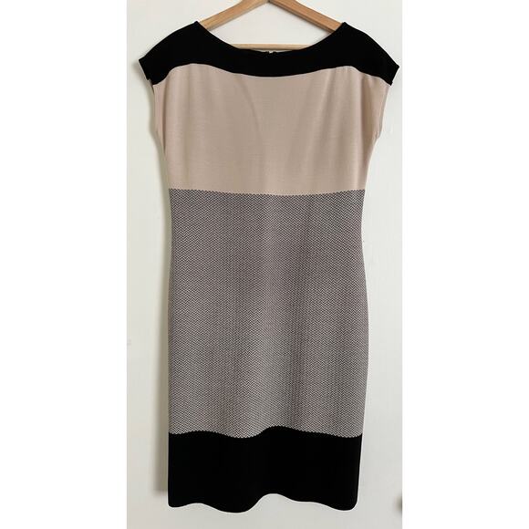 St. John Women’s Dress Colorblock Pattern Knee-Length Beige Black Grey 8 Wool - Picture 2 of 5